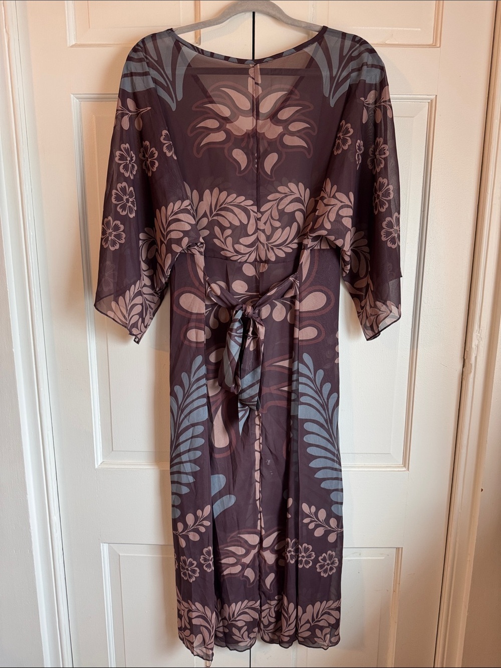 Women’s Semi Sheer Floral V-Neck Beach Coverup Dress - Taupe & Dusty Blue Belt - Picture 4 of 13